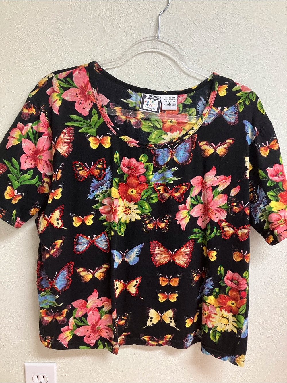 Floral & Butterfly Scoop Neck Tee - Black